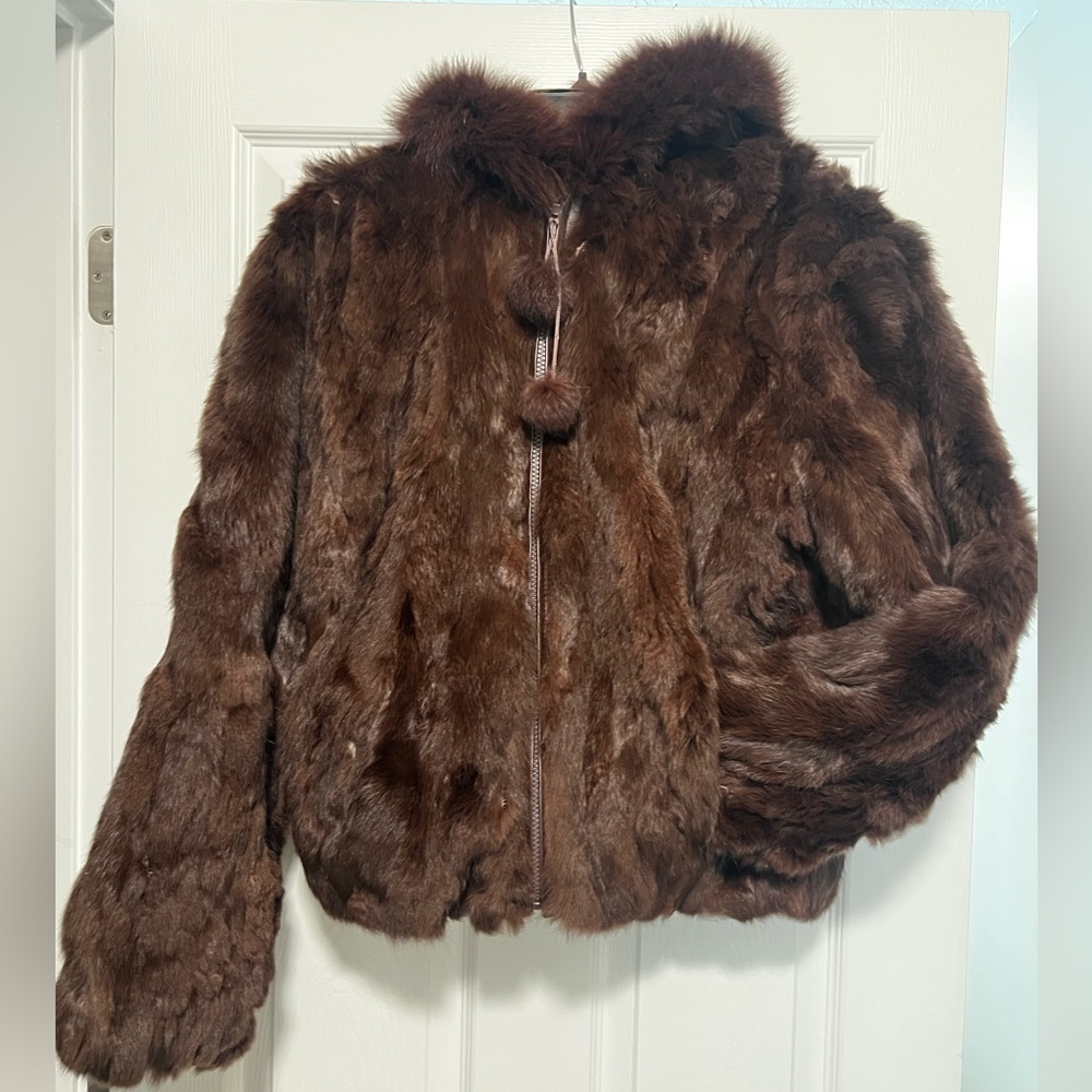 Brown GENUINE rabbit fur hooded jacket Large Che-Bella